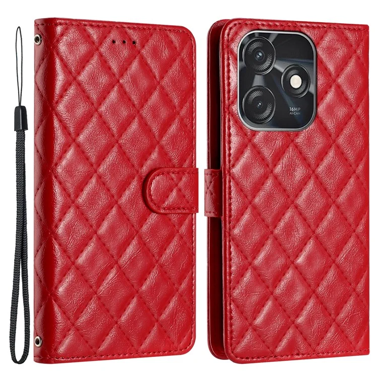 Para TECNO Spark 10C 4G Línea de Costura Rombo Funda de Teléfono Flip Stand de Cuero PU - Rojo