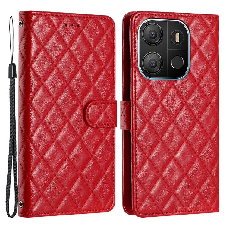 Für TECNO Pop 7 Stitching Line Rhombus Handyhülle PU-Leder Brieftasche Ständer Schutzhülle - Rot
