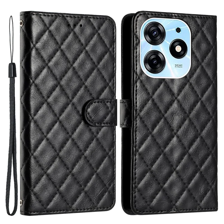 Para TECNO Spark 10 Pro Leather Protective Case Stitching Line Rhombus Wallet Stand Phone Cover - Preto