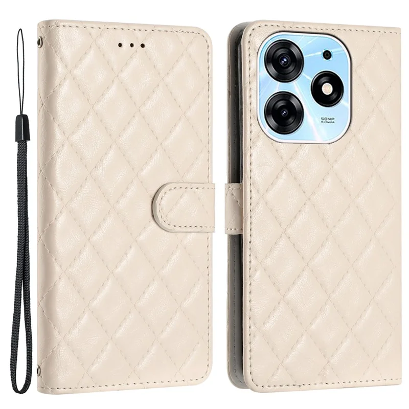 For TECNO Spark 10 Pro Leather Protective Case Stitching Line Rhombus Wallet Stand Phone Cover - White