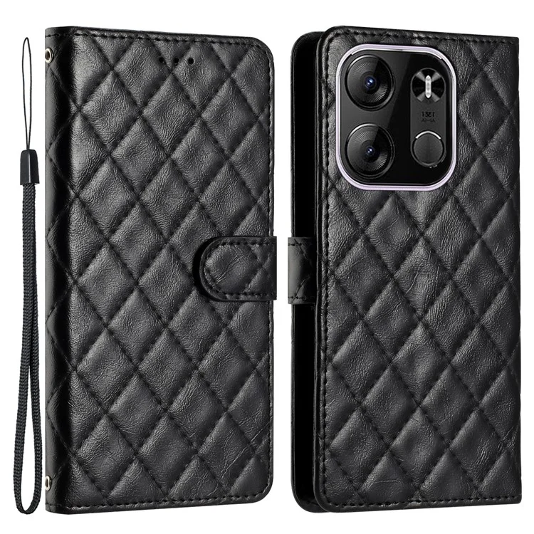 Para TECNO Pop 7 Pro 4G Línea de Costura Rombos Estuche de Cuero Billetera Soporte Resistente a Golpes Funda de Teléfono - Negro