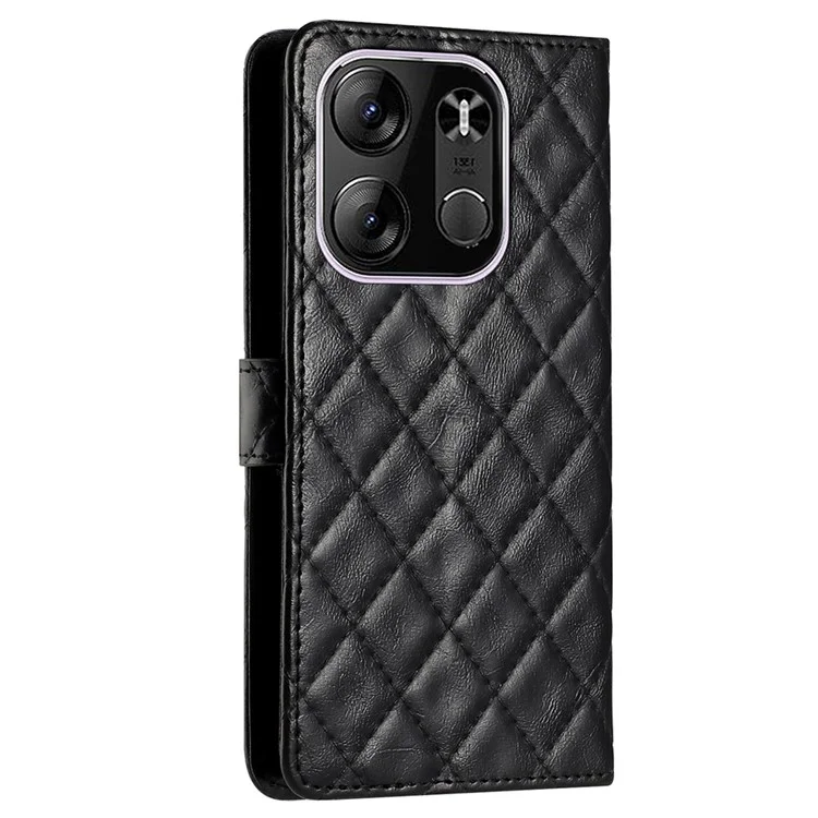 Para TECNO Pop 7 Pro 4G Línea de Costura Rombos Estuche de Cuero Billetera Soporte Resistente a Golpes Funda de Teléfono - Negro
