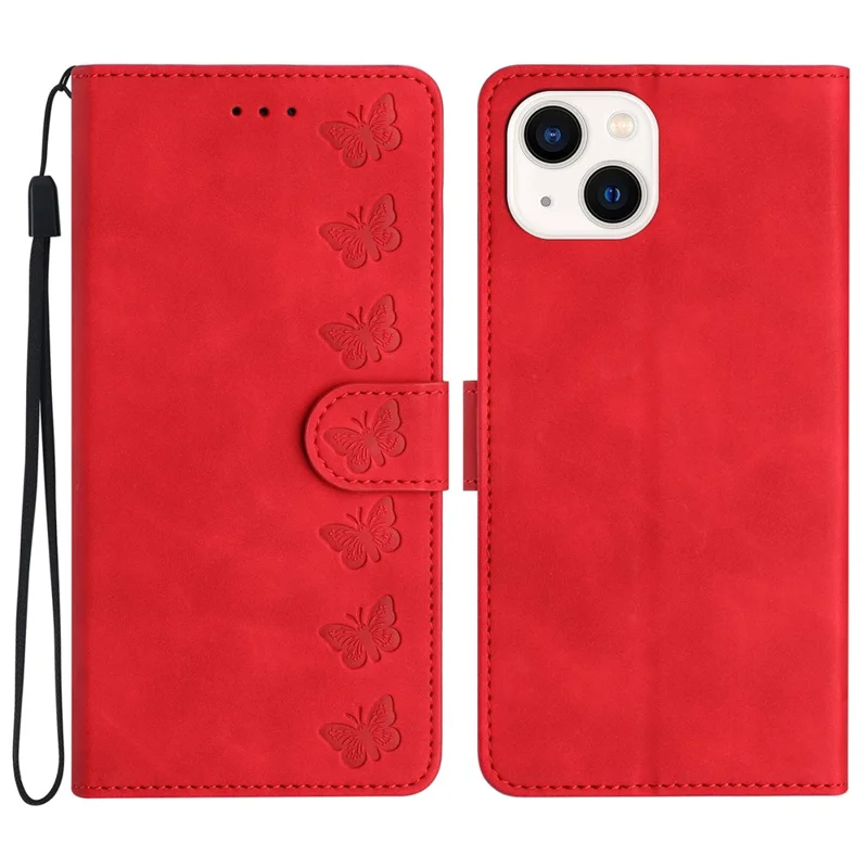 Para iPhone 14 PU Leather Stand Wallet Phone Case Borboleta Estampado Capa de Proteção Completa - Vermelho