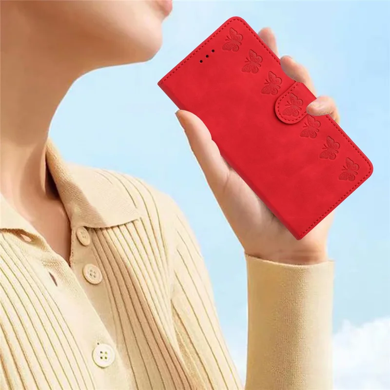 Para iPhone 14 PU Leather Stand Wallet Phone Case Borboleta Estampado Capa de Proteção Completa - Vermelho