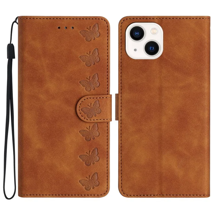 Pour iPhone 13 mini 5,4 pouces Butterfly Imprinted Shockproof Phone Case Leather Wallet Cover avec support - Marron