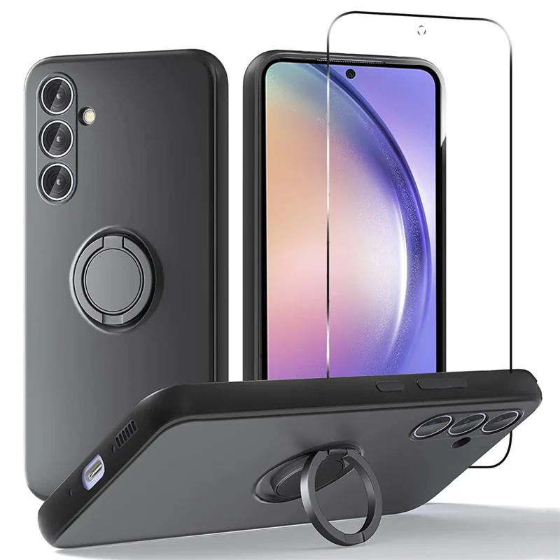 Per Samsung Galaxy A54 5G Kickstand Liquid Silicone Phone Case con film protettivo per schermo in vetro temperato 2.5D Arc Edge - Nero