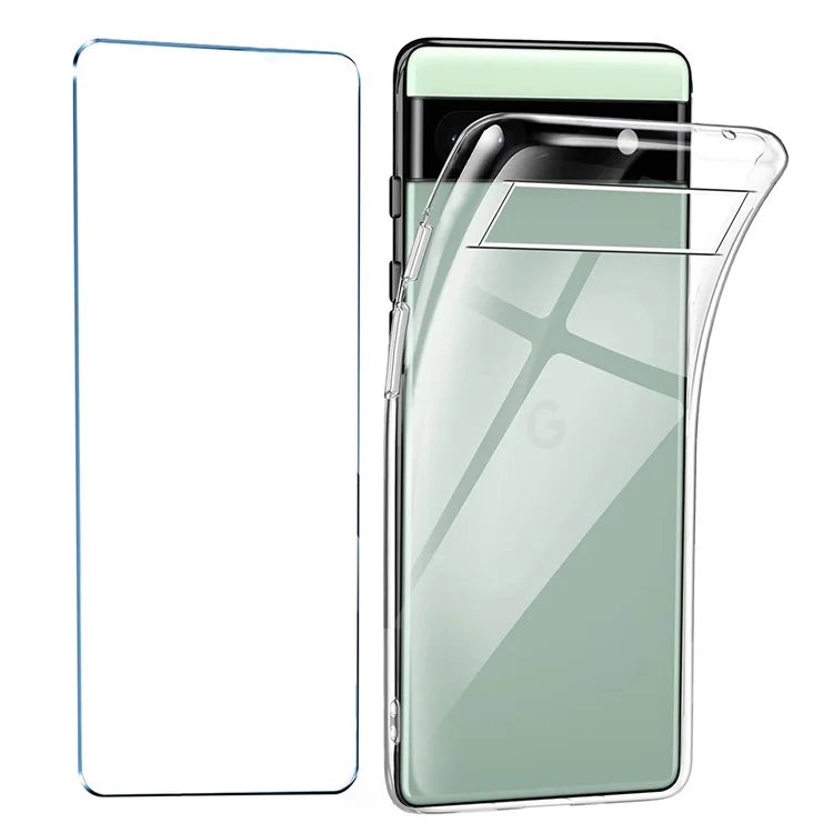 For Google Pixel 6a Phone TPU Case Clear Phone Cover with 2.5D Arc Edge Tempered Glass Screen Film