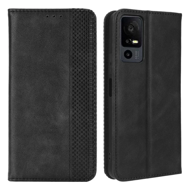For TCL 40 XL Retro PU Leather Phone Flip Cover Stand Wallet Folio Phone Case - Black