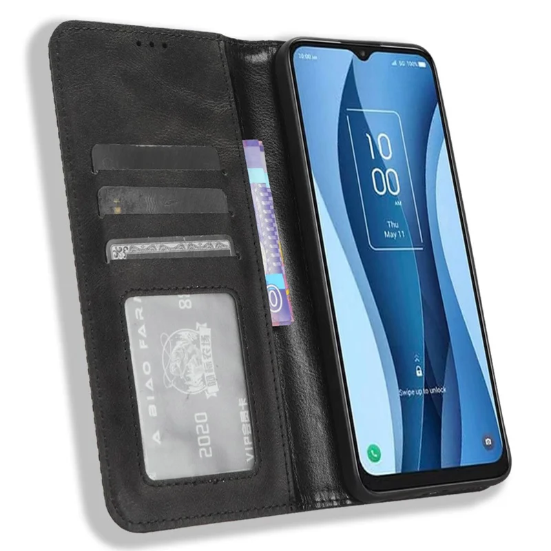 For TCL 40 XL Retro PU Leather Phone Flip Cover Stand Wallet Folio Phone Case - Black