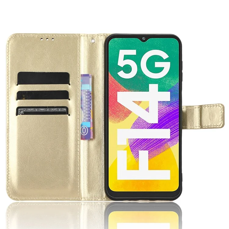 For Samsung Galaxy F14 5G Anti-Dust Crazy Horse Texture Phone Case Stand PU Leather Wallet Shell - Gold