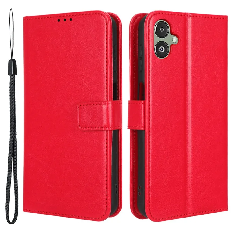 For Samsung Galaxy F14 5G Anti-Dust Crazy Horse Texture Phone Case Stand PU Leather Wallet Shell - Red