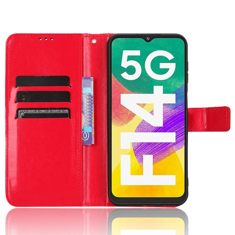 For Samsung Galaxy F14 5G Anti-Dust Crazy Horse Texture Phone Case Stand PU Leather Wallet Shell - Red
