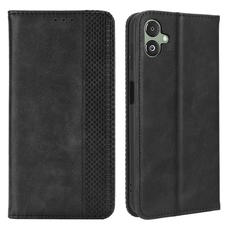 For Samsung Galaxy F14 5G Magnetic Closure Phone Cover Retro Stand Wallet Flip PU Leather Phone Case - Black