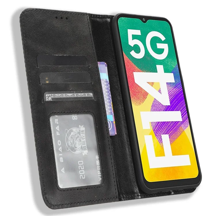For Samsung Galaxy F14 5G Magnetic Closure Phone Cover Retro Stand Wallet Flip PU Leather Phone Case - Black