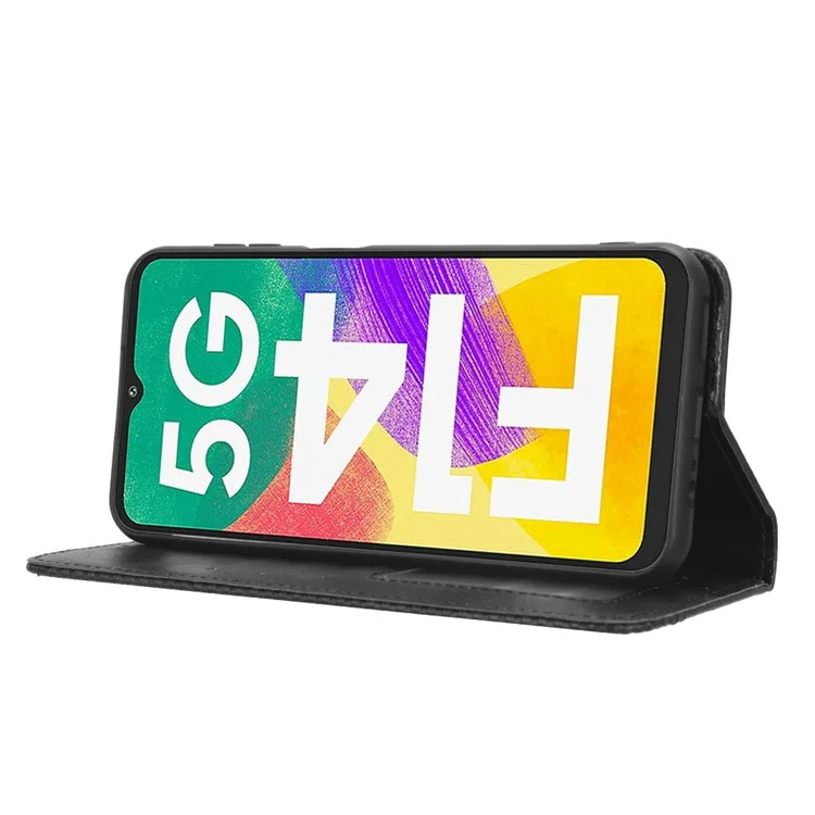 For Samsung Galaxy F14 5G Magnetic Closure Phone Cover Retro Stand Wallet Flip PU Leather Phone Case - Black