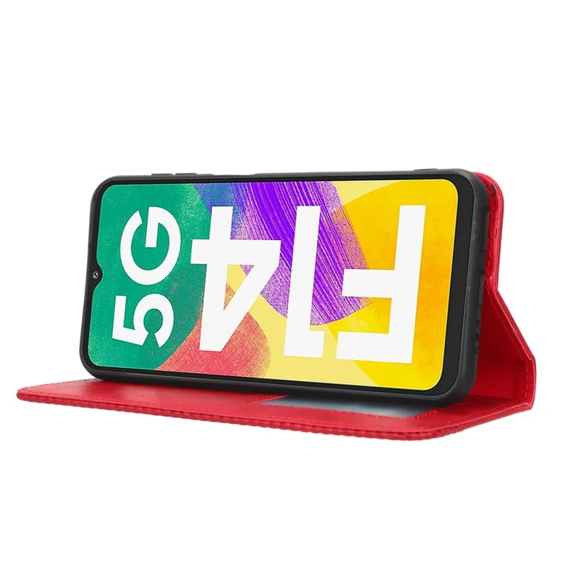 Für Samsung Galaxy F14 5G Magnetverschluss Handyhülle Retro Ständer Geldbörse Flip PU Leder Handyhülle - Rot