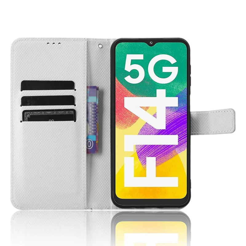For Samsung Galaxy F14 5G Phone Case PU Leather Stand Wallet Diamond Texture Phone Cover - White