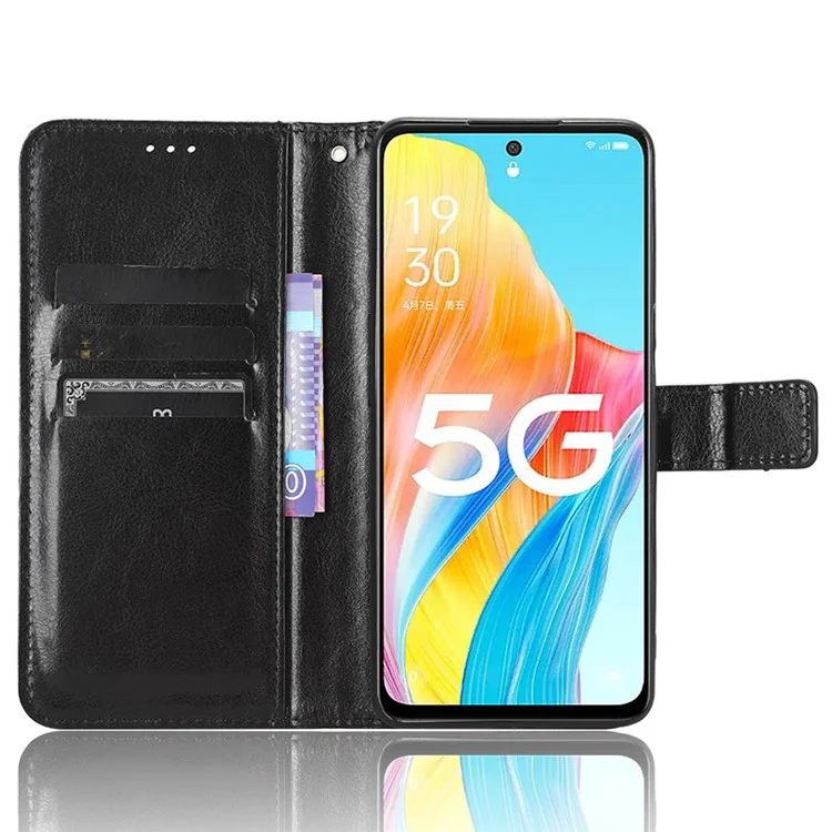 Für Oppo A1 5G / A98 5G / F23 5G Crazy Horse Texture Handyhülle Ständer PU-Leder Geldbörse Handy-Schale - Schwarz