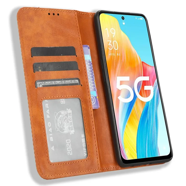 Pour Oppo A1 5G / A98 5G / F23 5G Étui en cuir PU Debout Portefeuille Fermeture magnétique rétro Étui téléphone portable - Marron
