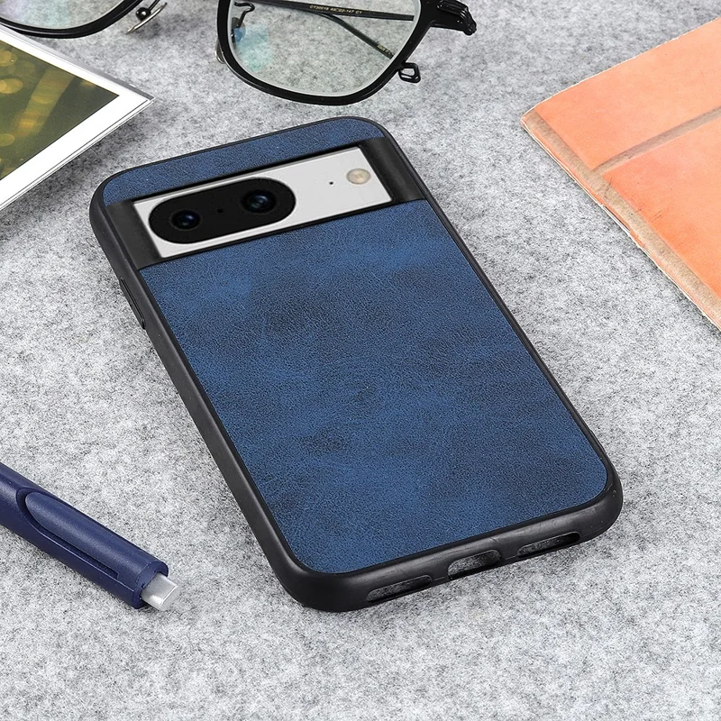 For Google Pixel 8 Anti-Scratch Hard PC+TPU+PU Leather Phone Case Cowhide Texture Phone Cover - Blue