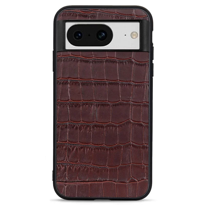 Für Google Pixel 8 Drop Proof Genuine Cow Leather+TPU+PC Phone Case Crocodile Texture Phone Cover - Braun