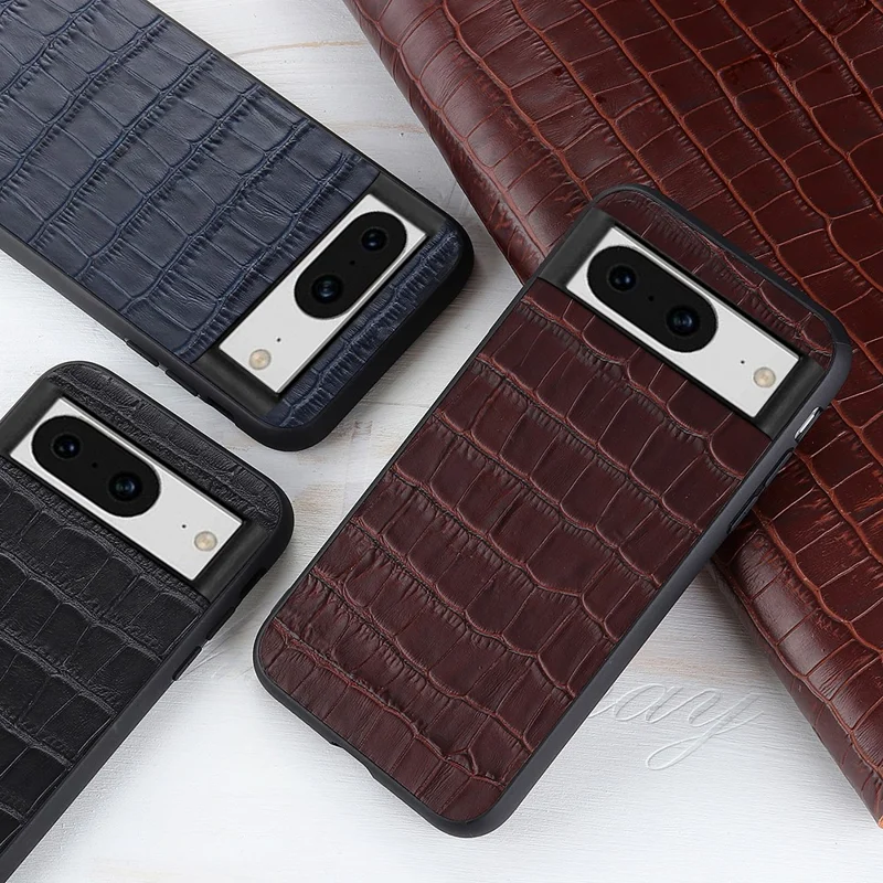 Für Google Pixel 8 Drop Proof Genuine Cow Leather+TPU+PC Phone Case Crocodile Texture Phone Cover - Braun