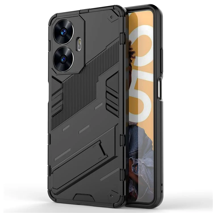 For Realme C55 4G Kickstand Phone Case Anti-Scratch PC + TPU Protective Cover - Black