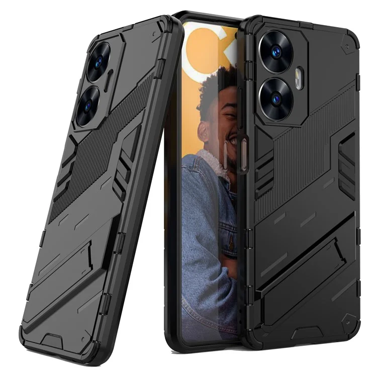 For Realme C55 4G Kickstand Phone Case Anti-Scratch PC + TPU Protective Cover - Black