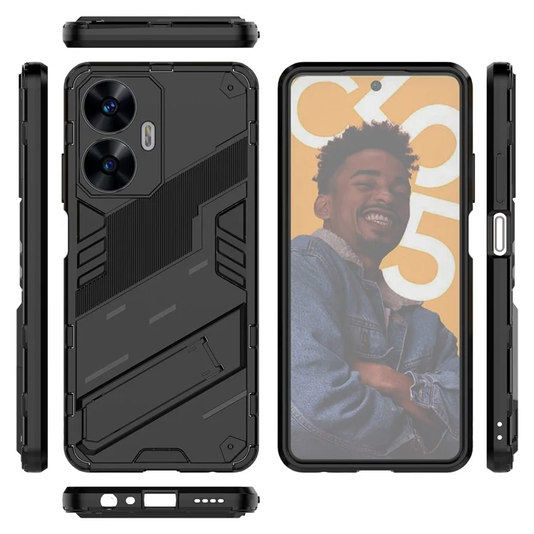 For Realme C55 4G Kickstand Phone Case Anti-Scratch PC + TPU Protective Cover - Black