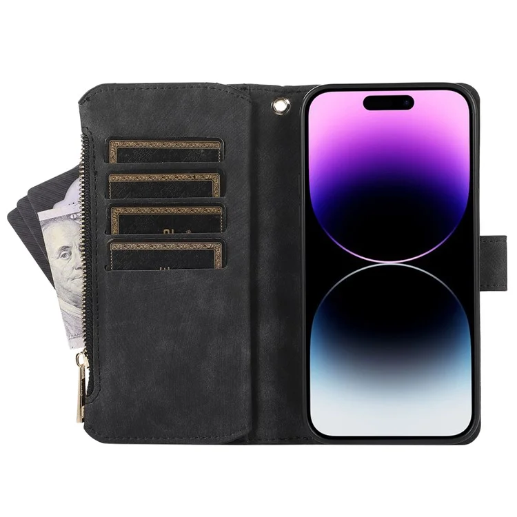 For iPhone 14 Pro Max Multiple Card Slots Zipper Pocket Rhombus PU Leather Stand Phone Cover - Black