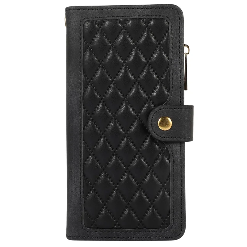 For iPhone 14 Pro Max Multiple Card Slots Zipper Pocket Rhombus PU Leather Stand Phone Cover - Black