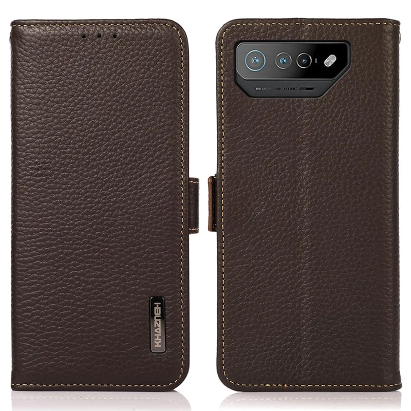 KHAZNEH For Asus ROG Phone 7 5G Wallet Case with RFID Blocking Genuine Cow Leather Stand Phone Cover - Brown