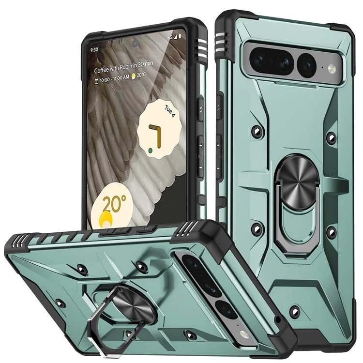 For Google Pixel 7 Pro 5G PC+TPU Armor Phone Case Car Mount Kickstand Shockproof Cover - Dark Green
