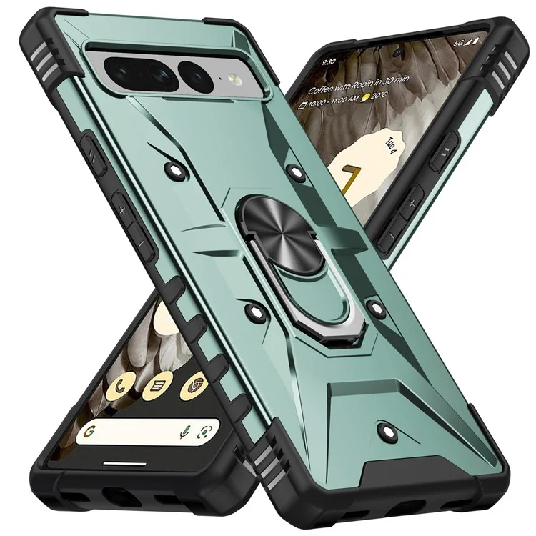 For Google Pixel 7 Pro 5G PC+TPU Armor Phone Case Car Mount Kickstand Shockproof Cover - Dark Green