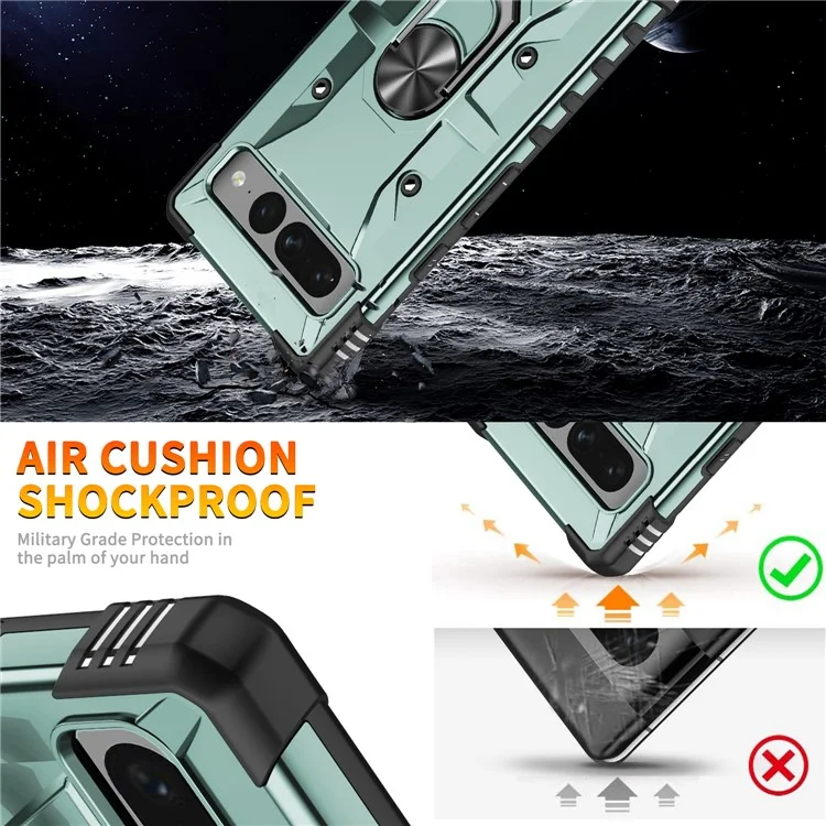 For Google Pixel 7 Pro 5G PC+TPU Armor Phone Case Car Mount Kickstand Shockproof Cover - Dark Green