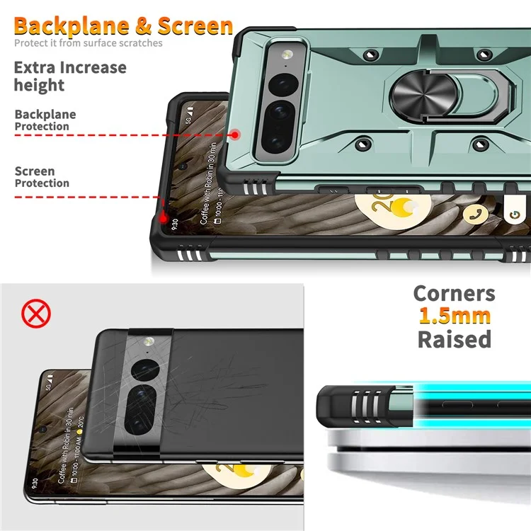 For Google Pixel 7 Pro 5G PC+TPU Armor Phone Case Car Mount Kickstand Shockproof Cover - Dark Green
