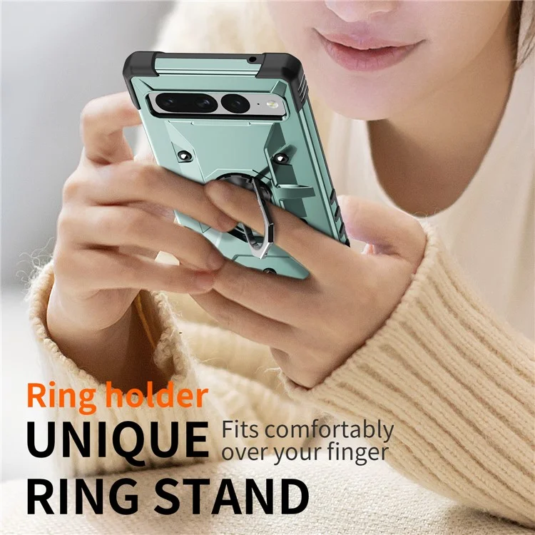 For Google Pixel 7 Pro 5G PC+TPU Armor Phone Case Car Mount Kickstand Shockproof Cover - Dark Green