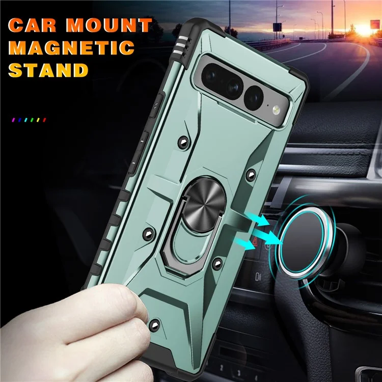 For Google Pixel 7 Pro 5G PC+TPU Armor Phone Case Car Mount Kickstand Shockproof Cover - Dark Green