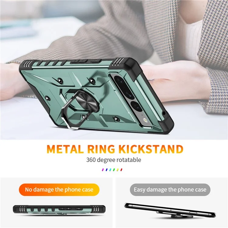 For Google Pixel 7 Pro 5G PC+TPU Armor Phone Case Car Mount Kickstand Shockproof Cover - Dark Green