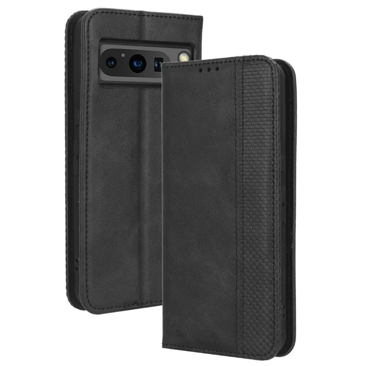 Per Google Pixel 8 Pro Custodia in pelle PU con chiusura magnetica, supporto a portafoglio e custodia retrò per telefono cellulare - Nero