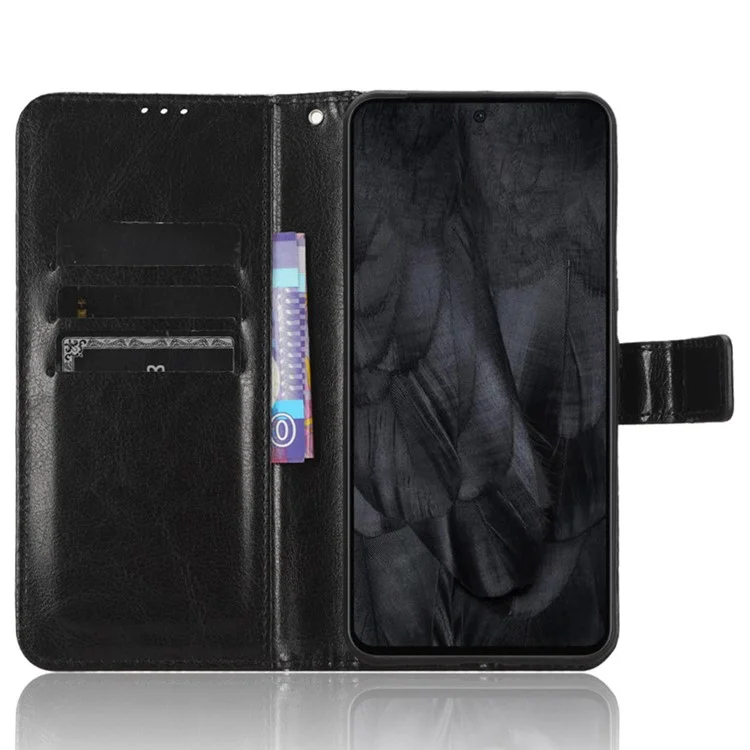 Flip Case for Google Pixel 8 Pro Anti-fall Stand Wallet Crazy Horse Texture PU Leather Phone Cover - Black