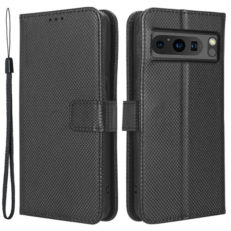 Для Google Pixel 8 Pro PU Leather Phone Case Stand Wallet Diamond Texture Phone Cover - Black
