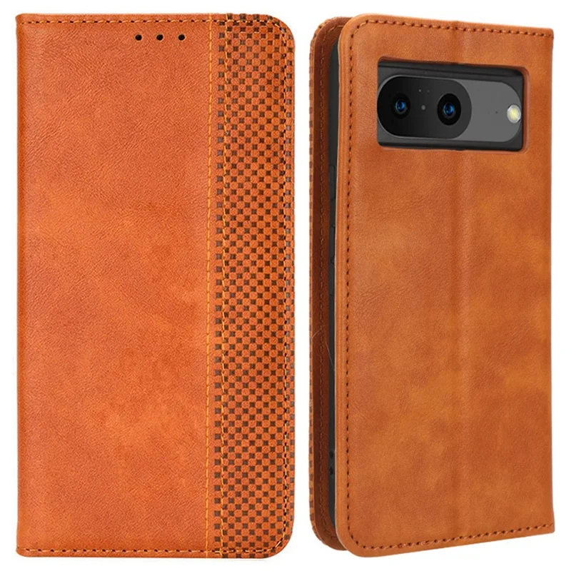 For Google Pixel 8 Magnetic Closure Phone Case PU Leather Cover Stand Wallet Retro Phone Protector - Brown