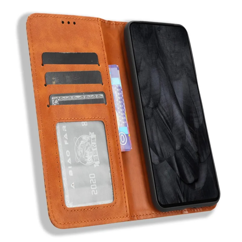 For Google Pixel 8 Magnetic Closure Phone Case PU Leather Cover Stand Wallet Retro Phone Protector - Brown