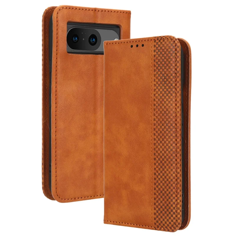 For Google Pixel 8 Magnetic Closure Phone Case PU Leather Cover Stand Wallet Retro Phone Protector - Brown