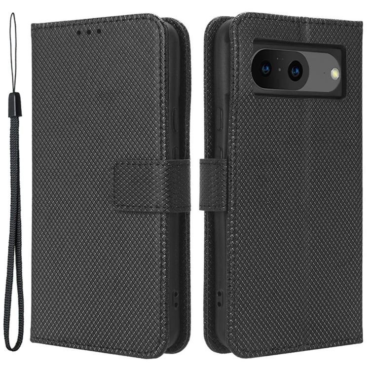 Per Google Pixel 8 Phone Case Drop Resistant PU Leather Stand Wallet Diamond Texture Phone Cover - Black