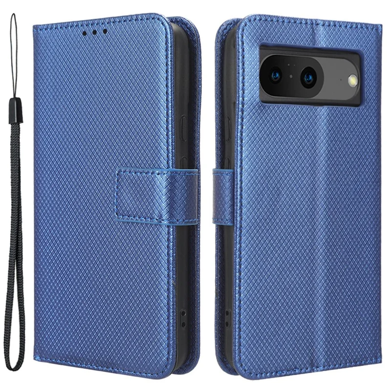For Google Pixel 8 Phone Case Drop Resistant PU Leather Stand Wallet Diamond Texture Phone Cover - Blue