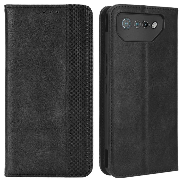 Para Asus ROG Phone 7 5G Retro Funda de Piel de PU con Soporte Monedero Cierre Magnético Funda de Teléfono Móvil - Negro