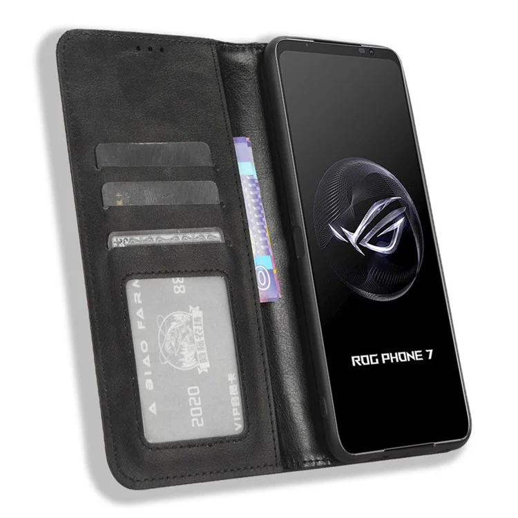 Para Asus ROG Phone 7 5G Retro Funda de Piel de PU con Soporte Monedero Cierre Magnético Funda de Teléfono Móvil - Negro
