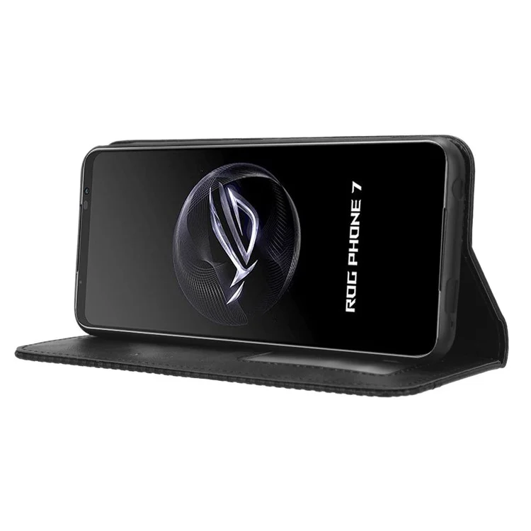 Para Asus ROG Phone 7 5G Retro Funda de Piel de PU con Soporte Monedero Cierre Magnético Funda de Teléfono Móvil - Negro